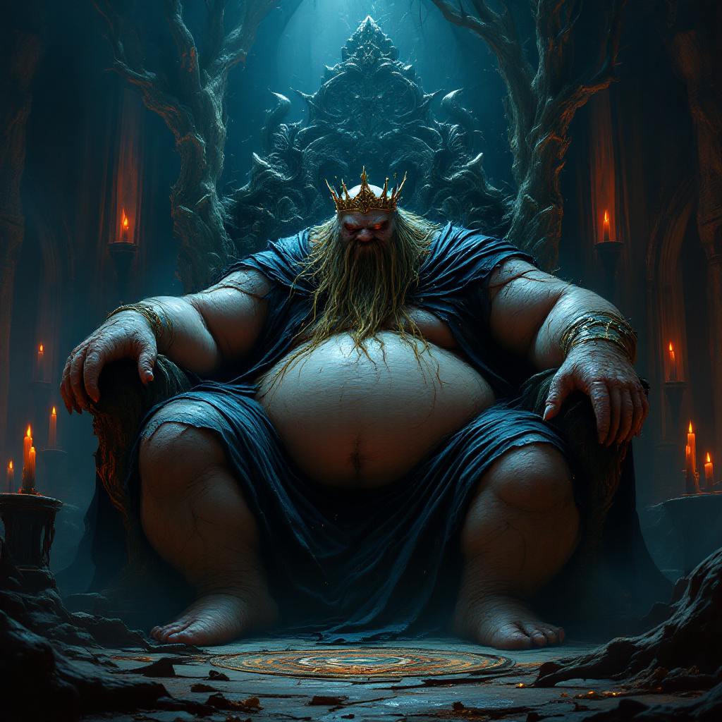 An obese, bearded figure adorned with a crown sits on a grand, dark throne surrounded by flickering candles and eerie shadows, embodying the grublike Mage-Imperator.