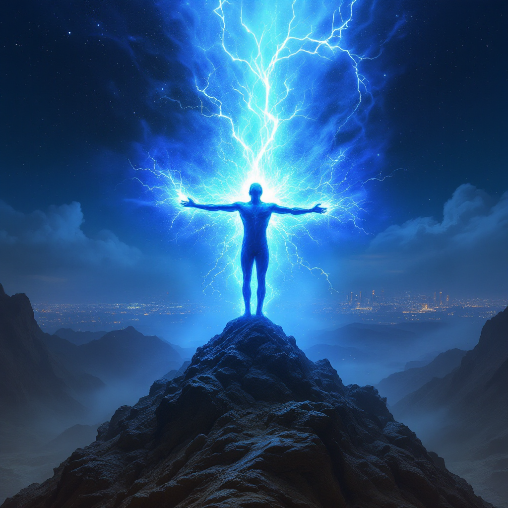 A silhouetted figure stands on a mountaintop, arms outstretched towards a vibrant blue lightning storm, symbolizing humanity's drive to explore and expand its horizons.