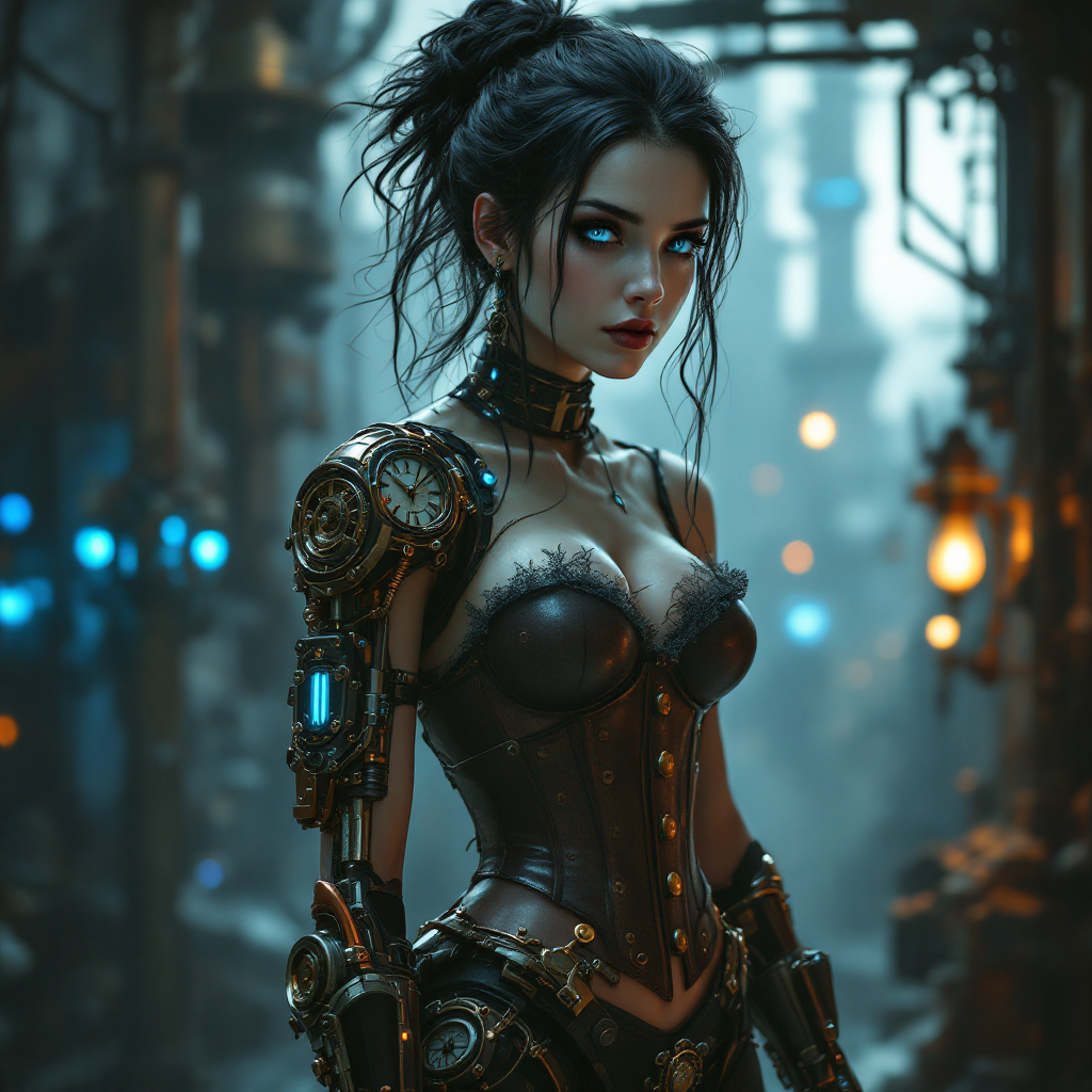 A futuristic woman with dark hair and striking features stands in a steampunk-inspired environment, embodying the emotional depth from the book quote about longing and memory.