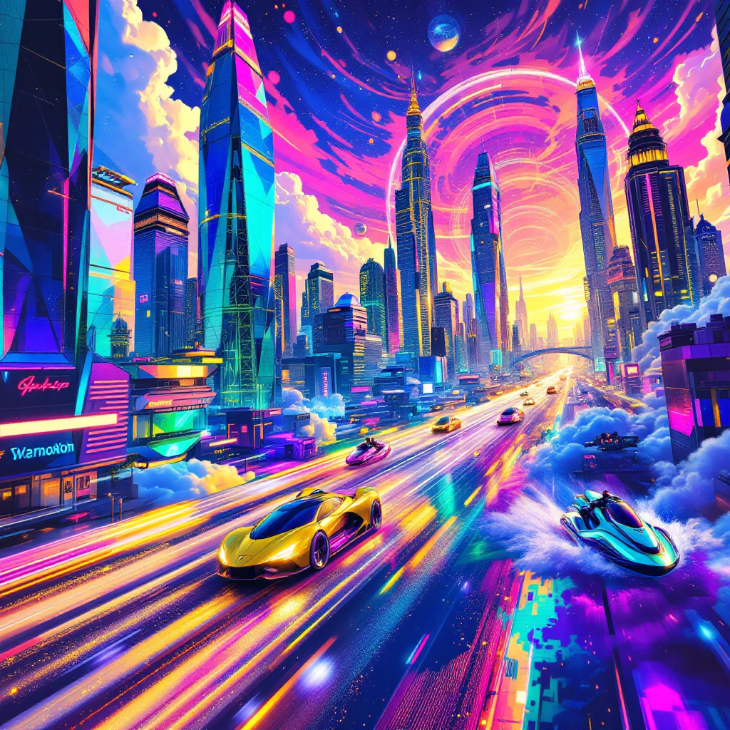 A vibrant futuristic cityscape features towering skyscrapers, neon lights, and dynamic vehicles racing along a luminous road, embodying the quote, The only limits are those we impose upon ourselves.