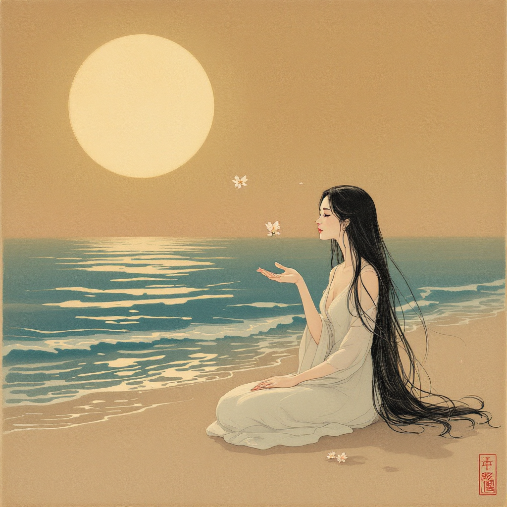 A serene scene of a woman sitting by the shore, her long hair flowing as she gazes at the sea, embodying the sentiment that love is something that finds you under a glowing sun.