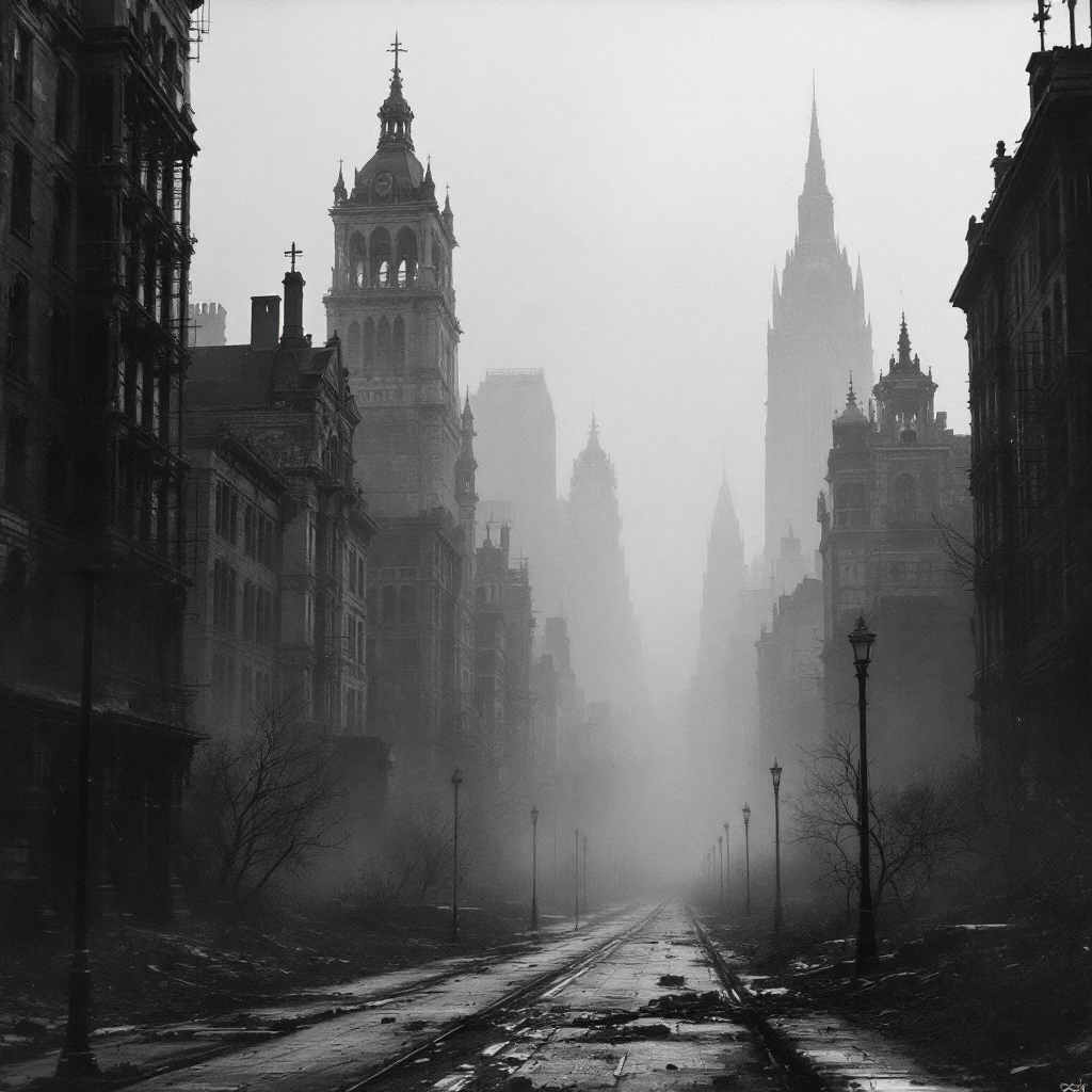 A fog-shrouded city street, flanked by towering, dilapidated buildings, evokes a haunting silence that amplifies echoes of the past, reflecting the quote’s essence.