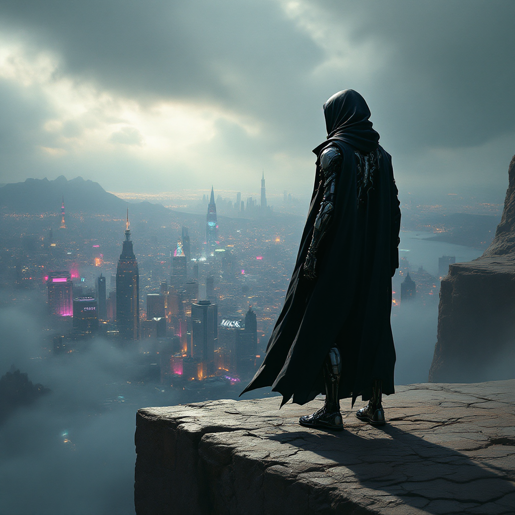 A cloaked figure stands on a cliff, gazing at a vibrant, foggy cityscape below, embodying the essence of independence and self-discovery amidst a dramatic sky.