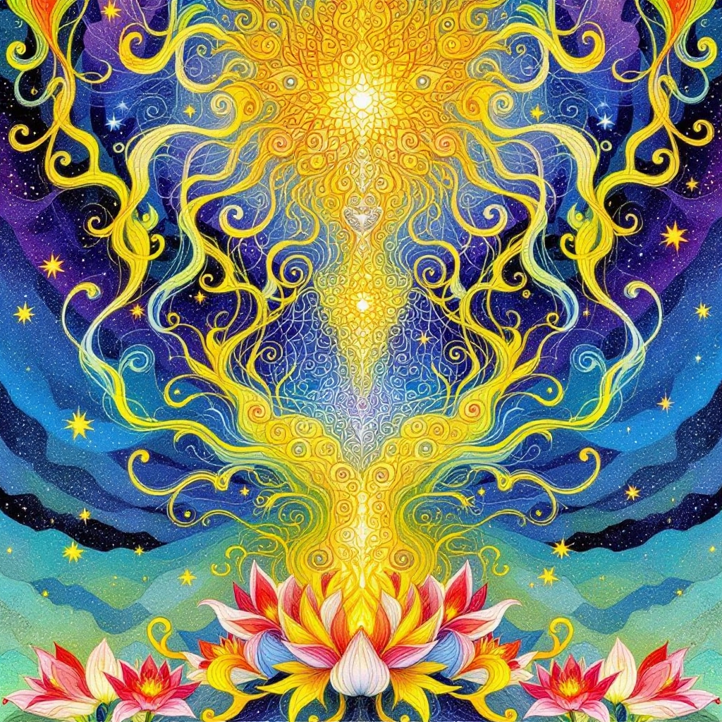 A radiant burst of golden light ascends from blooming lotus flowers, surrounded by swirling colors and stars, embodying the essence of limitless life and the quest for true existence.