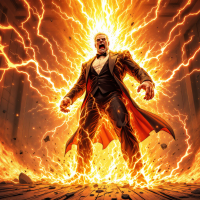 A figure in a tuxedo engulfed in vibrant plasma bolts, surrounded by an incandescent glow as flames erupt from his clothing, contrasting against darkening walls and floor.