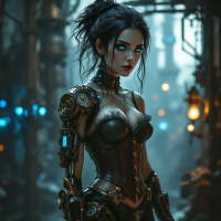 A futuristic woman with dark hair and striking features stands in a steampunk-inspired environment, embodying the emotional depth from the book quote about longing and memory.