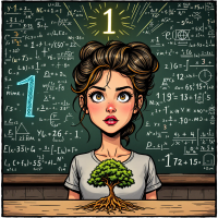 A thoughtful girl with curly hair sits at a desk, staring up at equations and prime numbers on a chalkboard, a tree growing from the center of her chest, symbolizing growth and complexity.