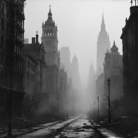 A fog-shrouded city street, flanked by towering, dilapidated buildings, evokes a haunting silence that amplifies echoes of the past, reflecting the quote’s essence.