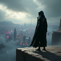 A cloaked figure stands on a cliff, gazing at a vibrant, foggy cityscape below, embodying the essence of independence and self-discovery amidst a dramatic sky.