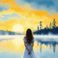 A woman in a flowing white dress stands by a tranquil lake at sunrise, gazing at the horizon. The serene landscape reflects themes of letting go and embracing new beginnings.