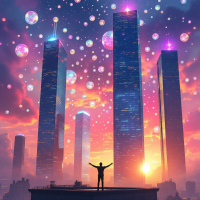 A silhouetted figure stands on a rooftop, arms outstretched toward towering skyscrapers and a vibrant sky filled with colorful bubbles, embodying the quote You can make anything by writing.