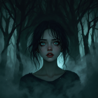 A young woman with wide eyes stands in a foggy, dark forest, embodying the tension between being scared and being afraid, with a haunting atmosphere surrounding her.