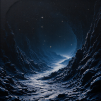 A dark, cavernous path stretches into the distance, illuminated by faint stars, capturing the essence of the blackness of the world from the book quote.