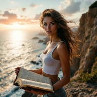 A young woman stands on a cliff at sunset, holding an open book, embodying the spirit of living a memorable life and rejecting mediocrity. The ocean glimmers in the background.