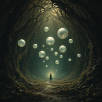 A figure stands in a dimly lit forest, surrounded by glowing orbs that float above a winding path, evoking a sense of mystery and the unseen forces of “Hypotheticals.”
