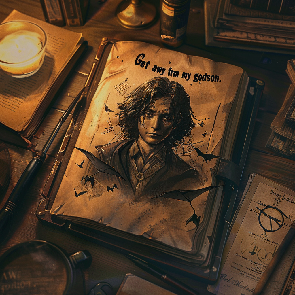 A dark, sepia-toned image of a book page featuring a somber person with long hair, overlaid with the text Get away from my godson. The scene is set amidst a cluttered desk with candles and papers.