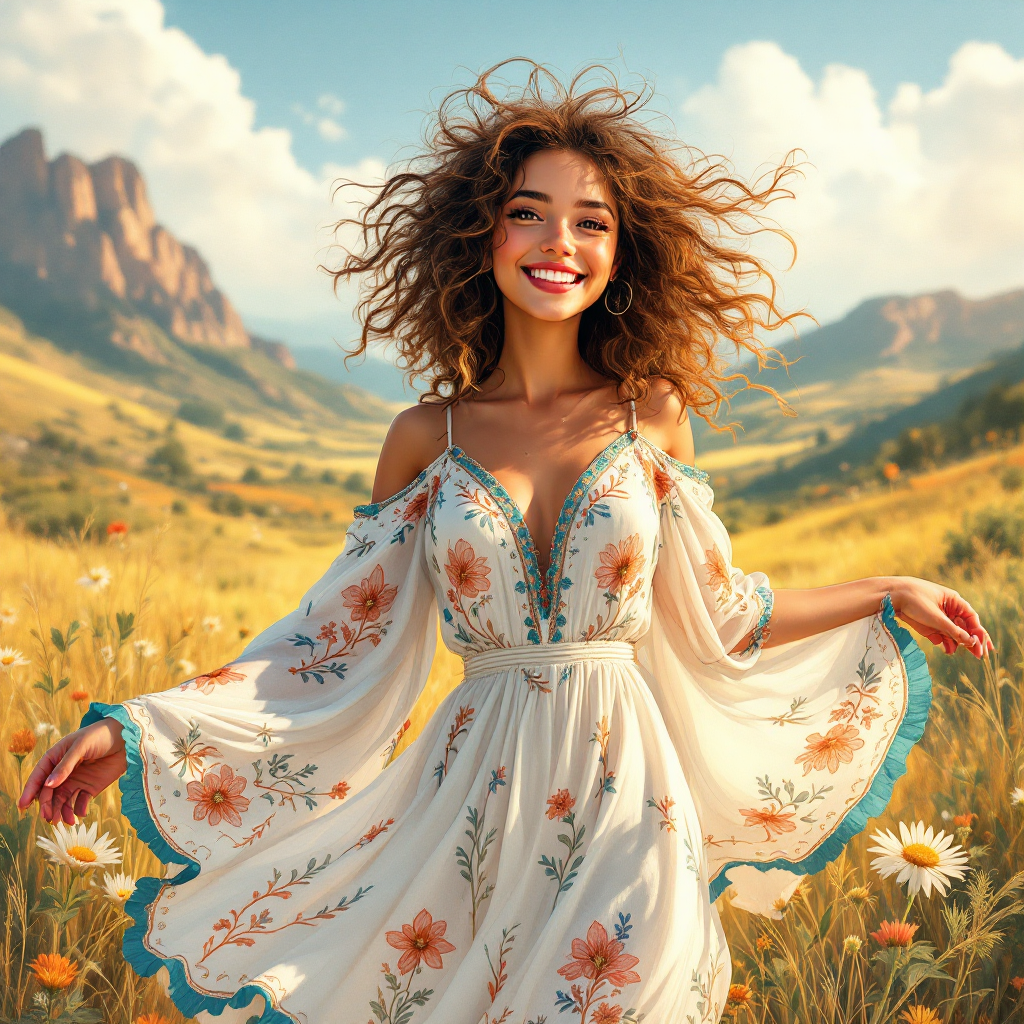 A joyful woman in a flowy, floral dress stands in a sunlit field, with mountains in the background and wildflowers surrounding her, embodying the quote, You're not completely worthless.