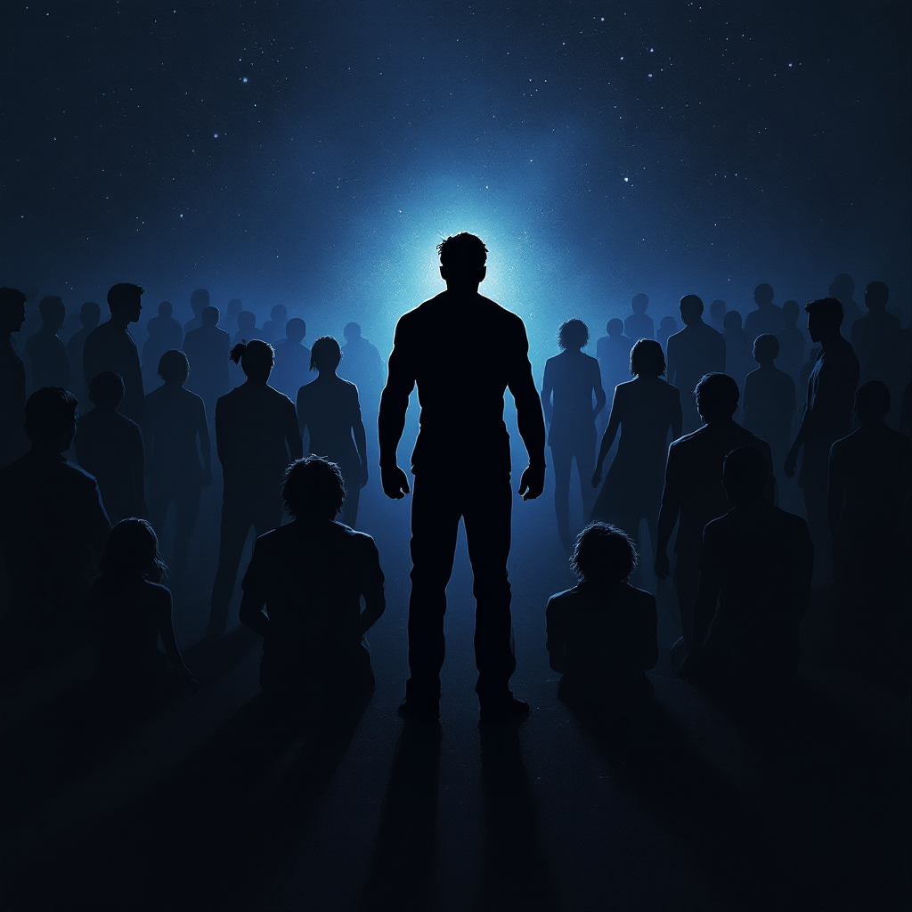 A silhouetted figure stands before a crowd, illuminated by a soft blue light, embodying the bravery of confronting both enemies and friends, reflecting the essence of courage.