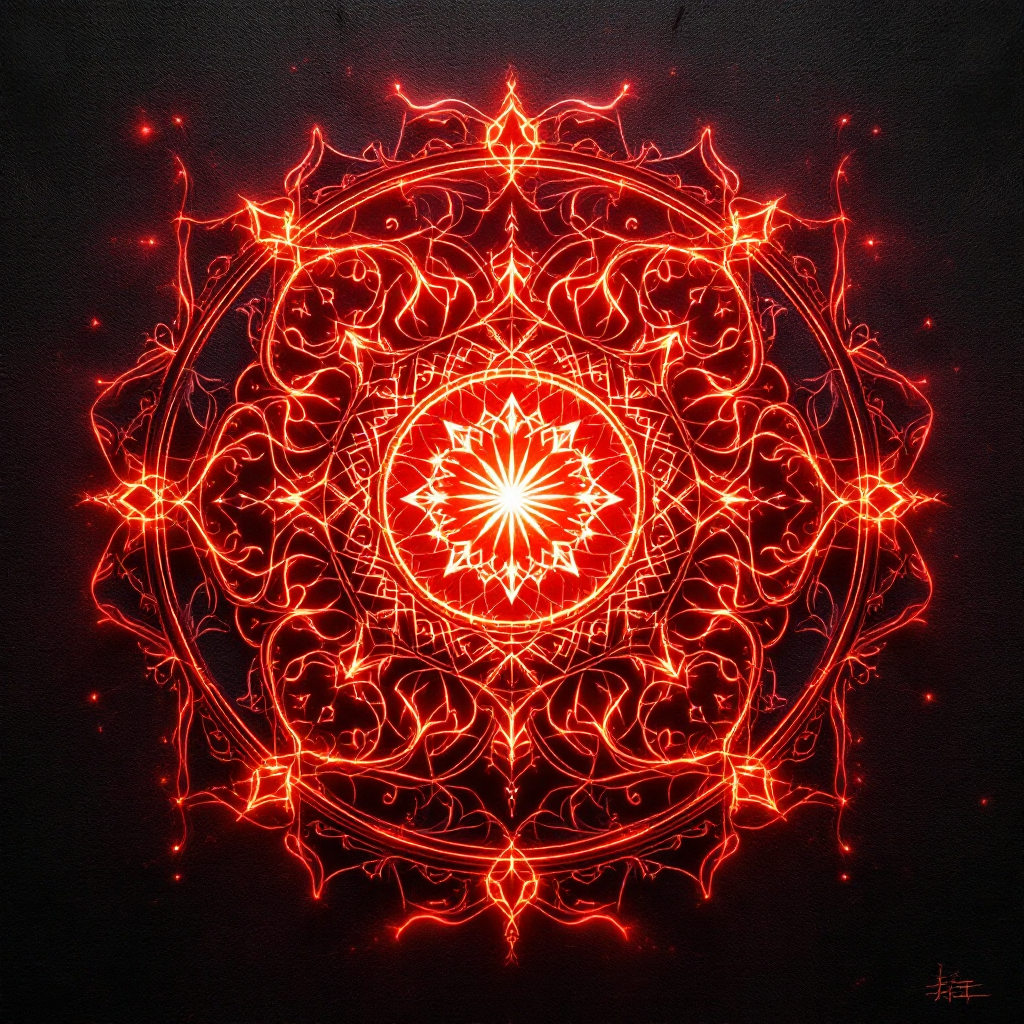 A radiant red mandala glows against a black background, its intricate patterns pulsating like embers, echoing the Emperor's seal from the quote on fractal authenticity.