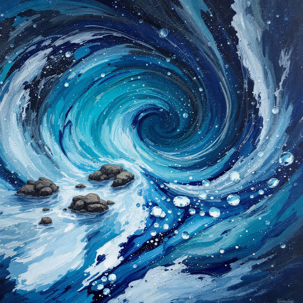 A swirling blue and white vortex captures waves and stones, embodying the essence of possibility amid a vast, dynamic ocean, reflecting the quote on art's transformative power.