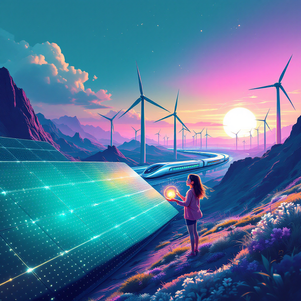 A girl stands in a vibrant landscape at sunset, surrounded by solar panels and wind turbines, symbolizing a sustainable energy future powered by innovation and technology.