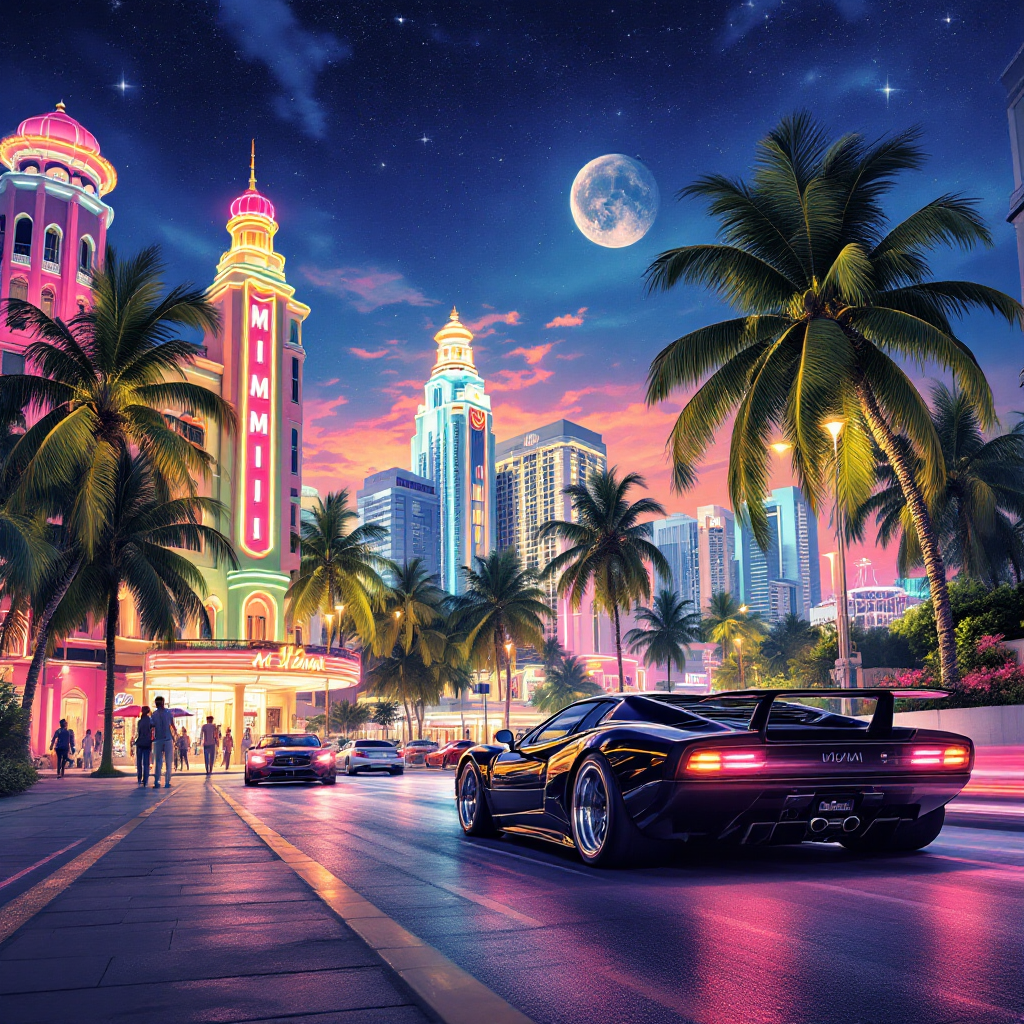 A sleek black sports car drives down a vibrant city street lined with palm trees, colorful neon buildings, and a glowing moon overhead, reflecting the idea of making personal choices.