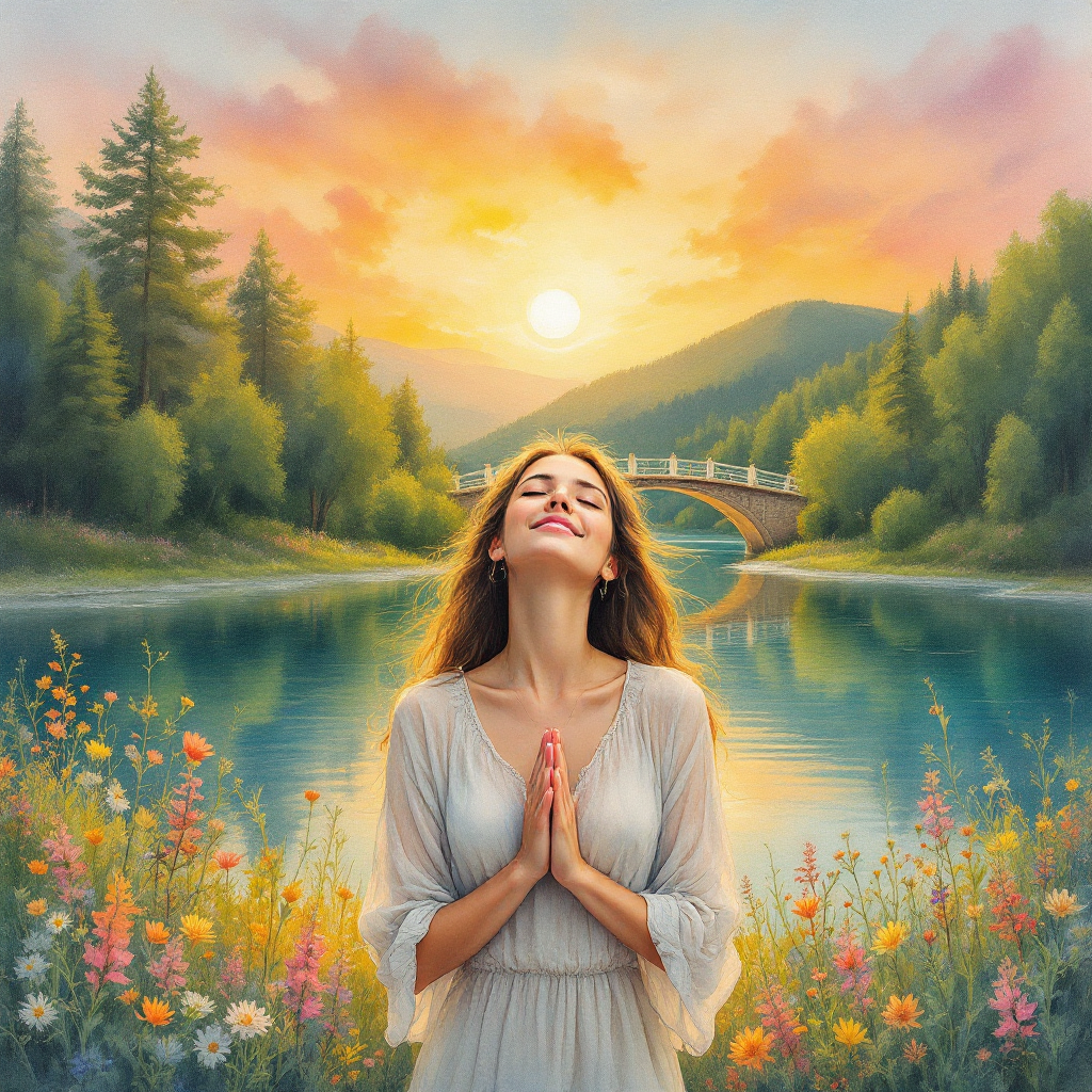 A serene woman stands by a tranquil river, hands in prayer, surrounded by vibrant flowers and a picturesque landscape under a colorful sunset, embodying love and connection.