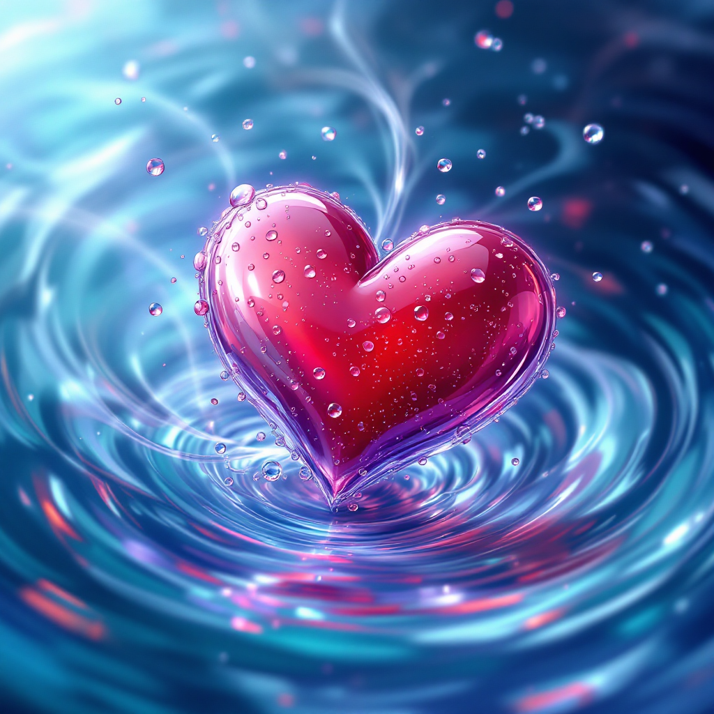 A vibrant, glowing heart floats in rippling water, surrounded by shimmering light and droplets, embodying the essence of desire and emotional depth from the quote.