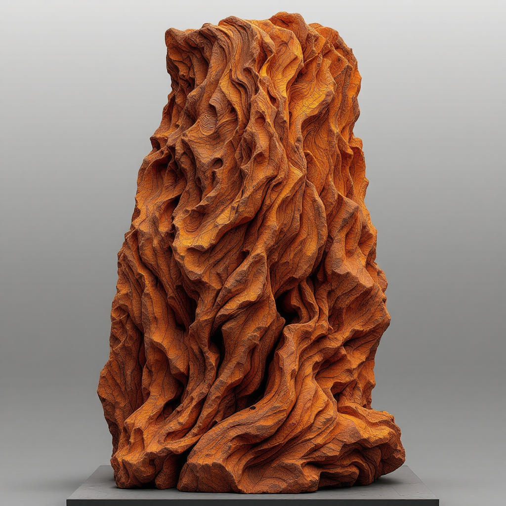 A textured, reddish-brown sculpture resembling a rugged rock formation, embodying the essence of unpraised yet valiant deeds, stands prominently against a grey background.