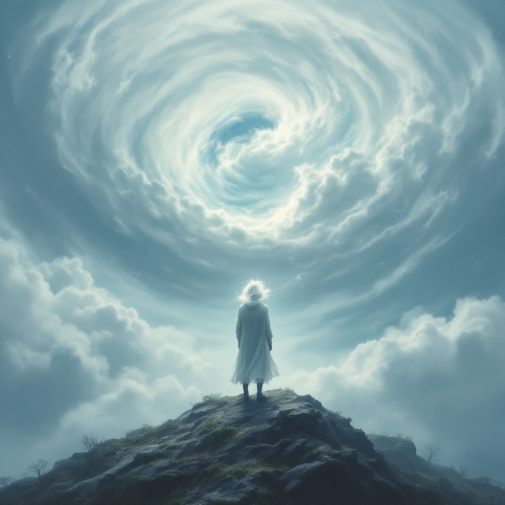 A figure stands on a rocky peak, gazing up at a swirling, ethereal vortex in the sky, symbolizing the risk taken to seek the truth, surrounded by billowing clouds.