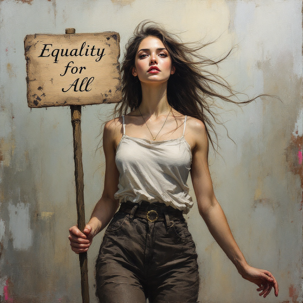 A confident woman stands holding a sign that reads Equality for All, symbolizing the courage to stand up for beliefs and advocate for justice. Her strong stance embodies inner strength and conviction.