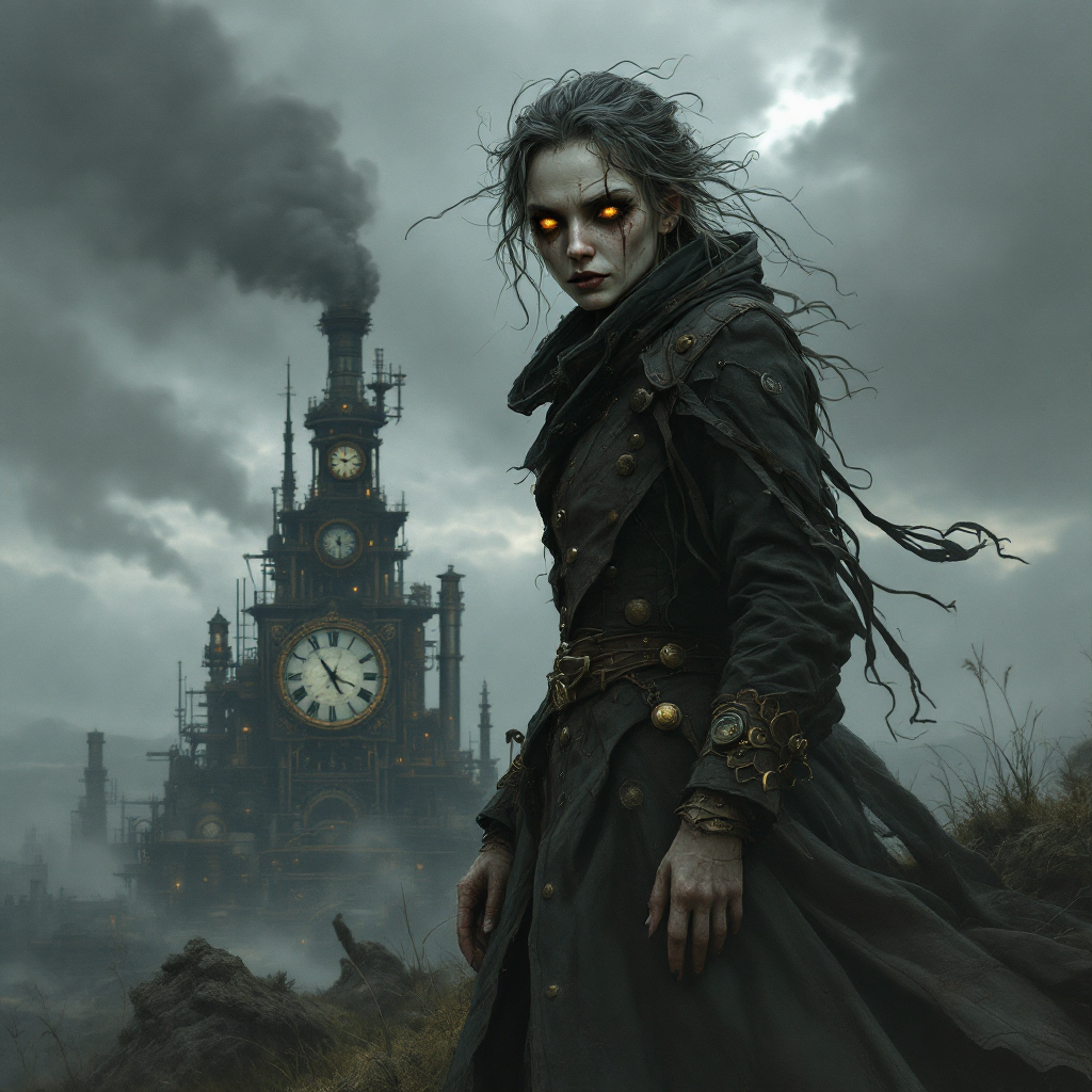 A haunting figure with glowing eyes stands against a backdrop of a dark, smoky clock tower, embodying the quote about the past as a ghost and the future as an inescapable shadow.