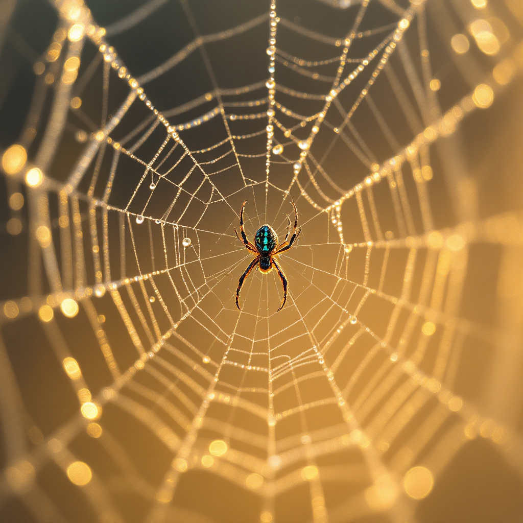 A vibrant spider rests at the center of a dewy web, illuminated by golden light, symbolizing the interconnectedness of minds and the essence of existence.