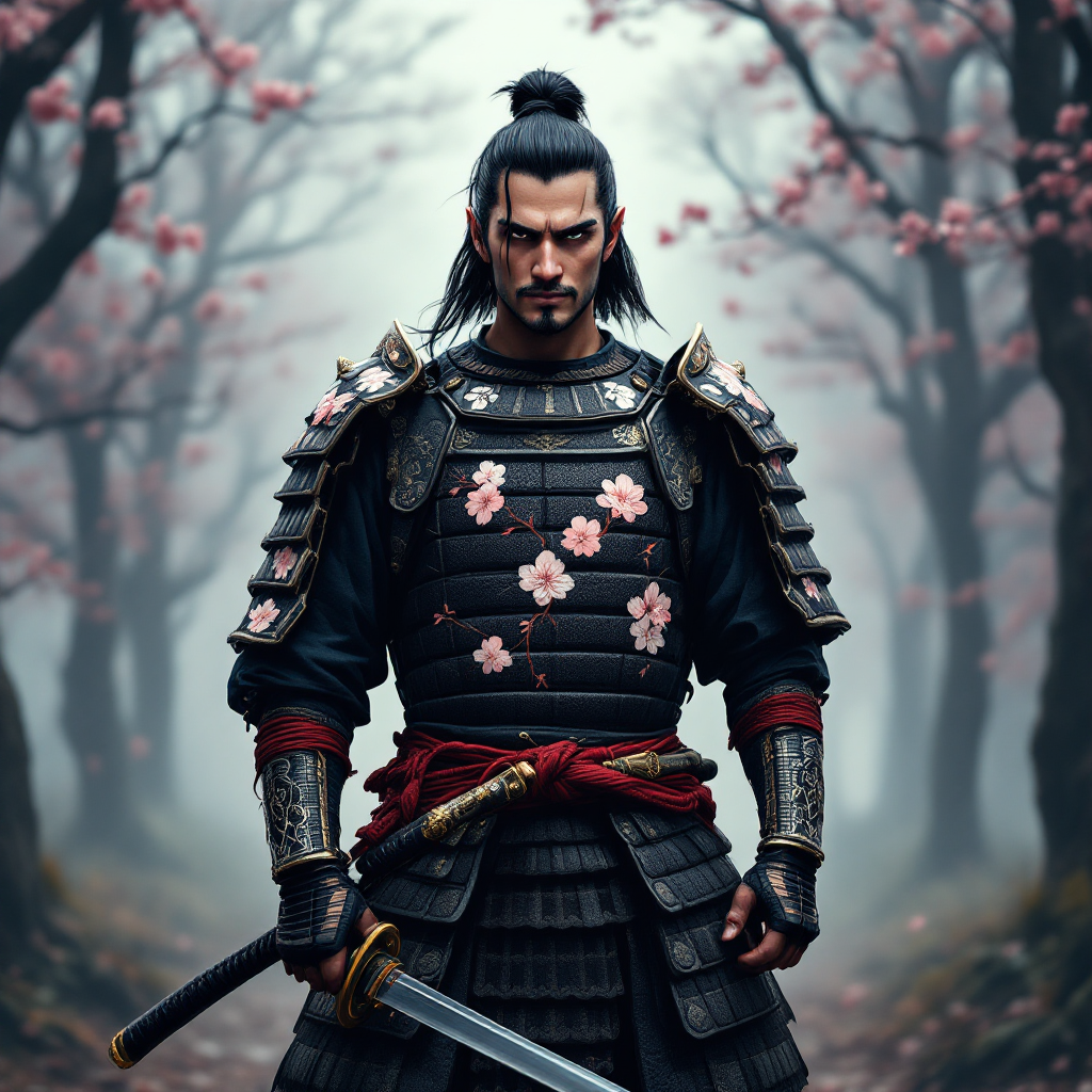 A determined warrior in ornate samurai armor stands poised with a sword, surrounded by blooming cherry blossom trees, embodying strength and resilience in a tranquil setting.