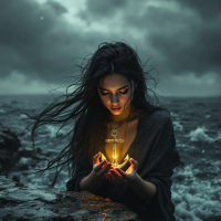 A woman stands by a stormy sea, holding a glowing object in her hands. Her expression reflects contemplation, embodying the quote about truth as an anchor amid uncertainty.