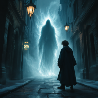 A young wizard stands in a dimly lit alley, facing a ghostly apparition illuminated by eerie blue light, embodying the urgency of staying safe from Sirius Black's pursuit.