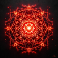 A radiant red mandala glows against a black background, its intricate patterns pulsating like embers, echoing the Emperor's seal from the quote on fractal authenticity.