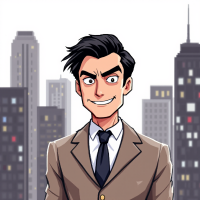 A confident man in a suit with a charming smile stands against a city skyline, embodying the quote about evil’s disguise of charm and normalcy.