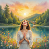 A serene woman stands by a tranquil river, hands in prayer, surrounded by vibrant flowers and a picturesque landscape under a colorful sunset, embodying love and connection.