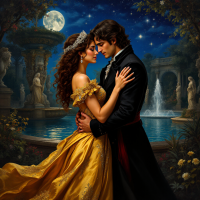 A couple embraces in a moonlit garden, their expressions embodying passion and uncertainty, reflecting the beauty of love's unpredictable journey. Stars twinkle overhead as a fountain cascades nearby.