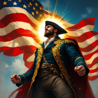 A man in a blue and gold military uniform stands confidently with clenched fists, illuminated by a radiant light behind him, as an American flag billows majestically in the background.