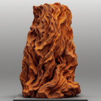 A textured, reddish-brown sculpture resembling a rugged rock formation, embodying the essence of unpraised yet valiant deeds, stands prominently against a grey background.