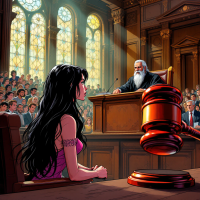 A courtroom scene featuring a woman in a pink dress sitting before a judge, illuminated by stained glass windows, reflecting on the tension between justice and entertainment.