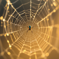 A vibrant spider rests at the center of a dewy web, illuminated by golden light, symbolizing the interconnectedness of minds and the essence of existence.