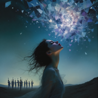 A woman gazes skyward, her expression contemplative, as fragmented light swirls above her. In the background, a group stands solemnly, evoking themes of love's complexities and a broken hallelujah.