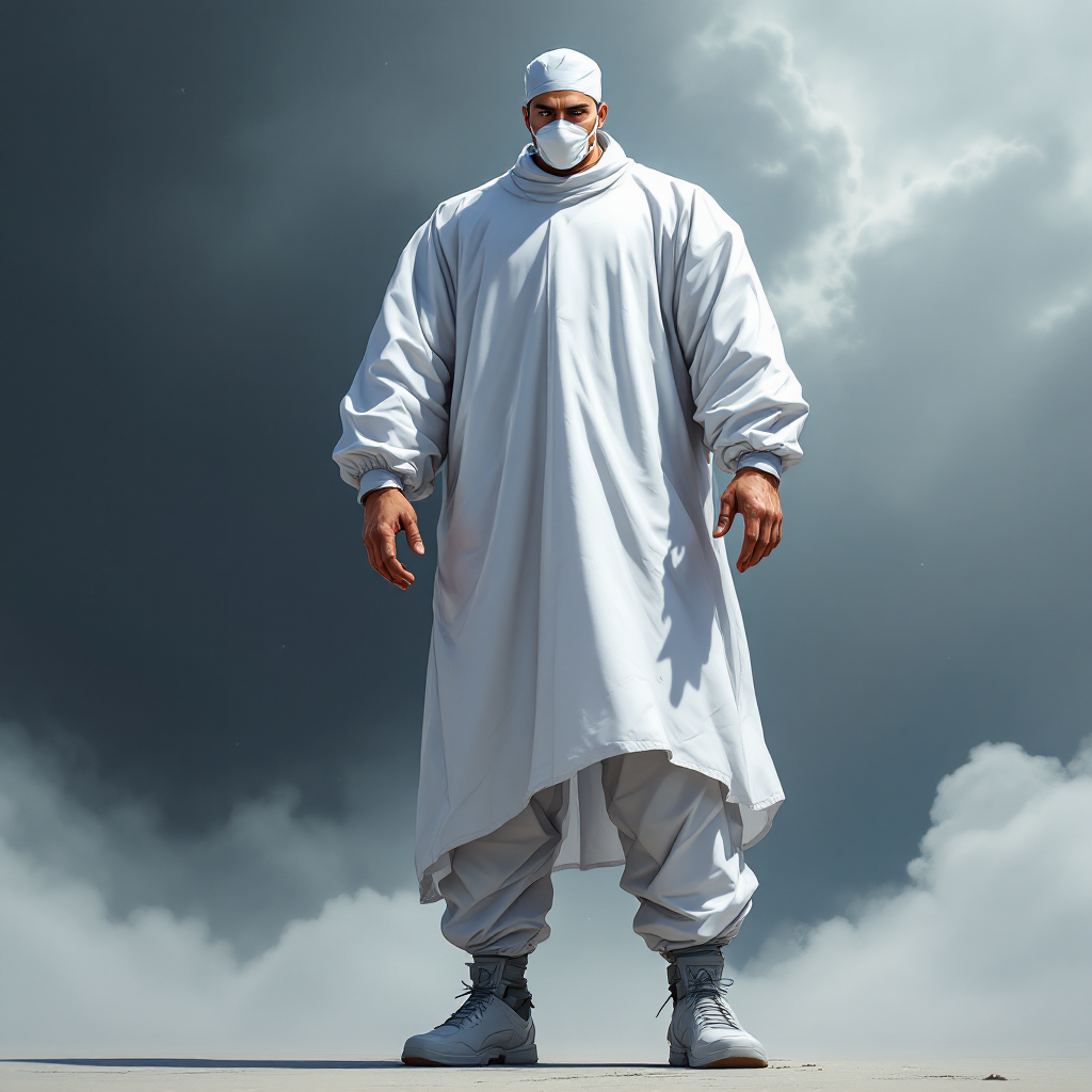 A towering figure on stilts stands confidently at a table, dressed in a white surgeon's gown, cap, and mask, set against a dramatic, cloudy backdrop.