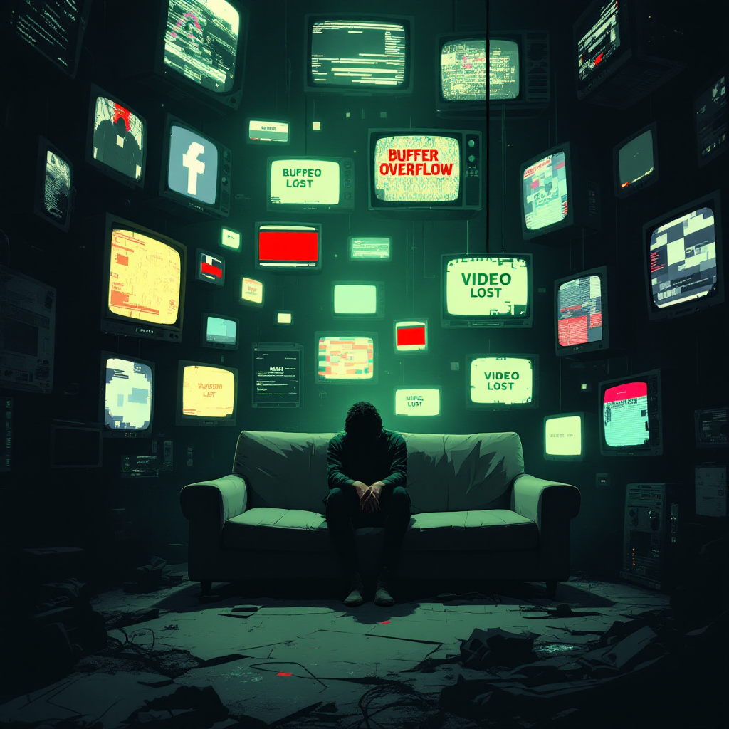 A solitary figure sits on a couch surrounded by illuminated screens displaying chaotic images and text, symbolizing the self-imposed prison of overwhelming media consumption.