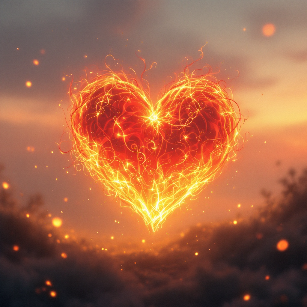 A glowing heart of fire, surrounded by a misty landscape, embodies the dual nature of love and pain, reflecting the sentiments of the quote about the heart's fiery essence.