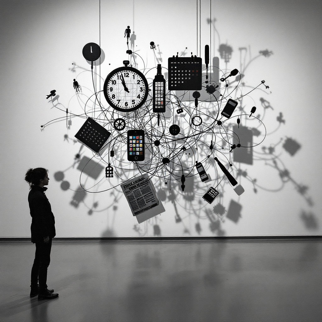 A silhouette stands before a chaotic arrangement of clocks and gadgets, symbolizing the complexities of everyday life, showcasing how fundamental realities can be hard to perceive.