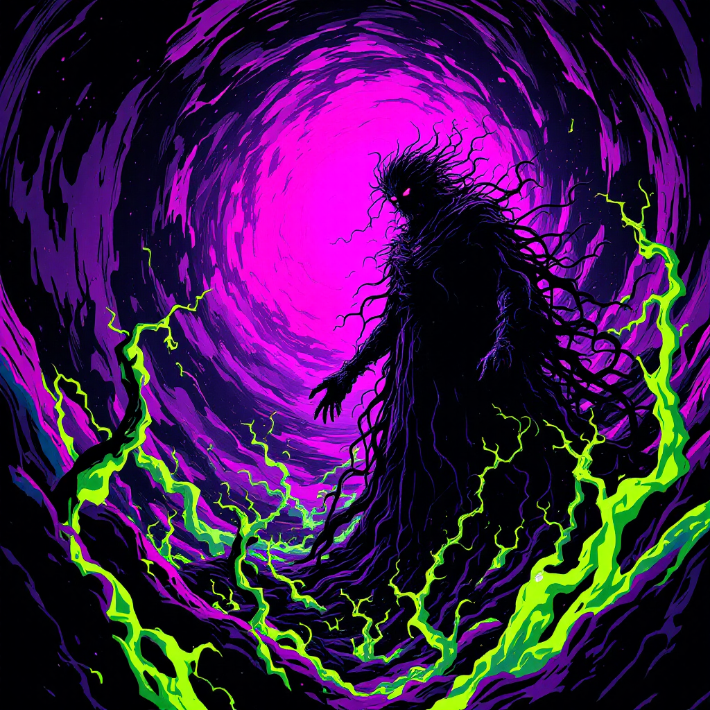 A dark figure with tangled roots stands in a swirling vortex of purple and green energy, embodying the quote's theme that truth prevails in unexpected ways.